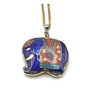 Vintage Cloisonne Blue Elephant Pendant Necklace 16in